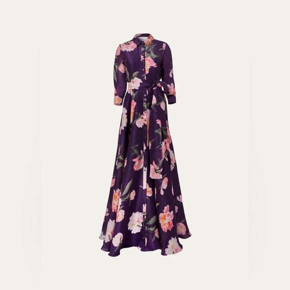 CAROLINA HERRERA Trench Gown in Fig Multi Purple Floral Belted Dress Size 8 NWT - Picture 4 of 13